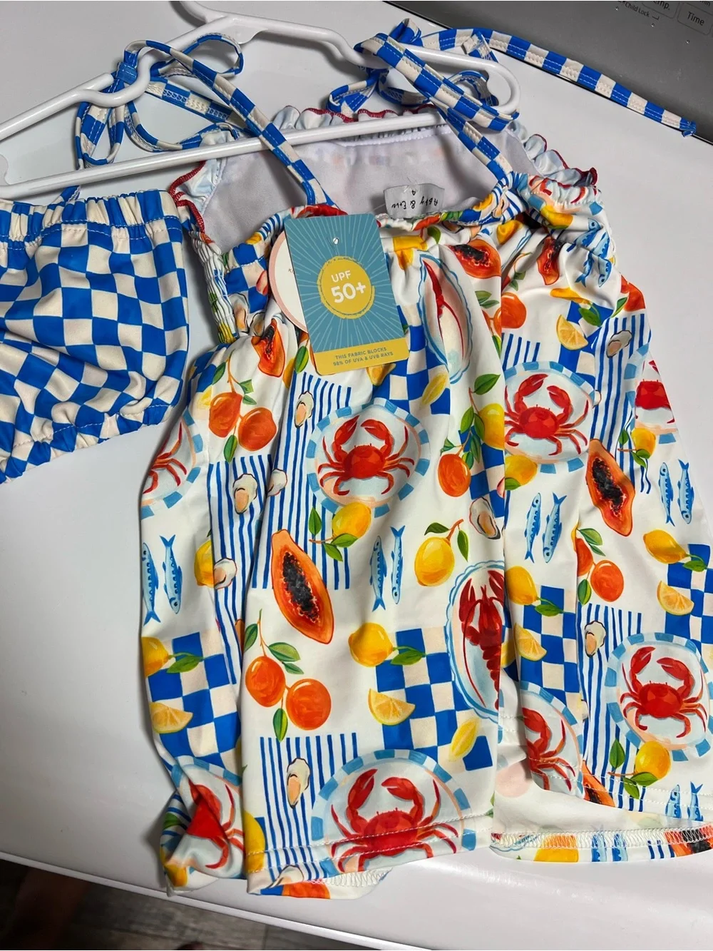 Abby & Evie Kids UPF 50+ Crab & Fruit Print Swim Top - Blue & Multicolor